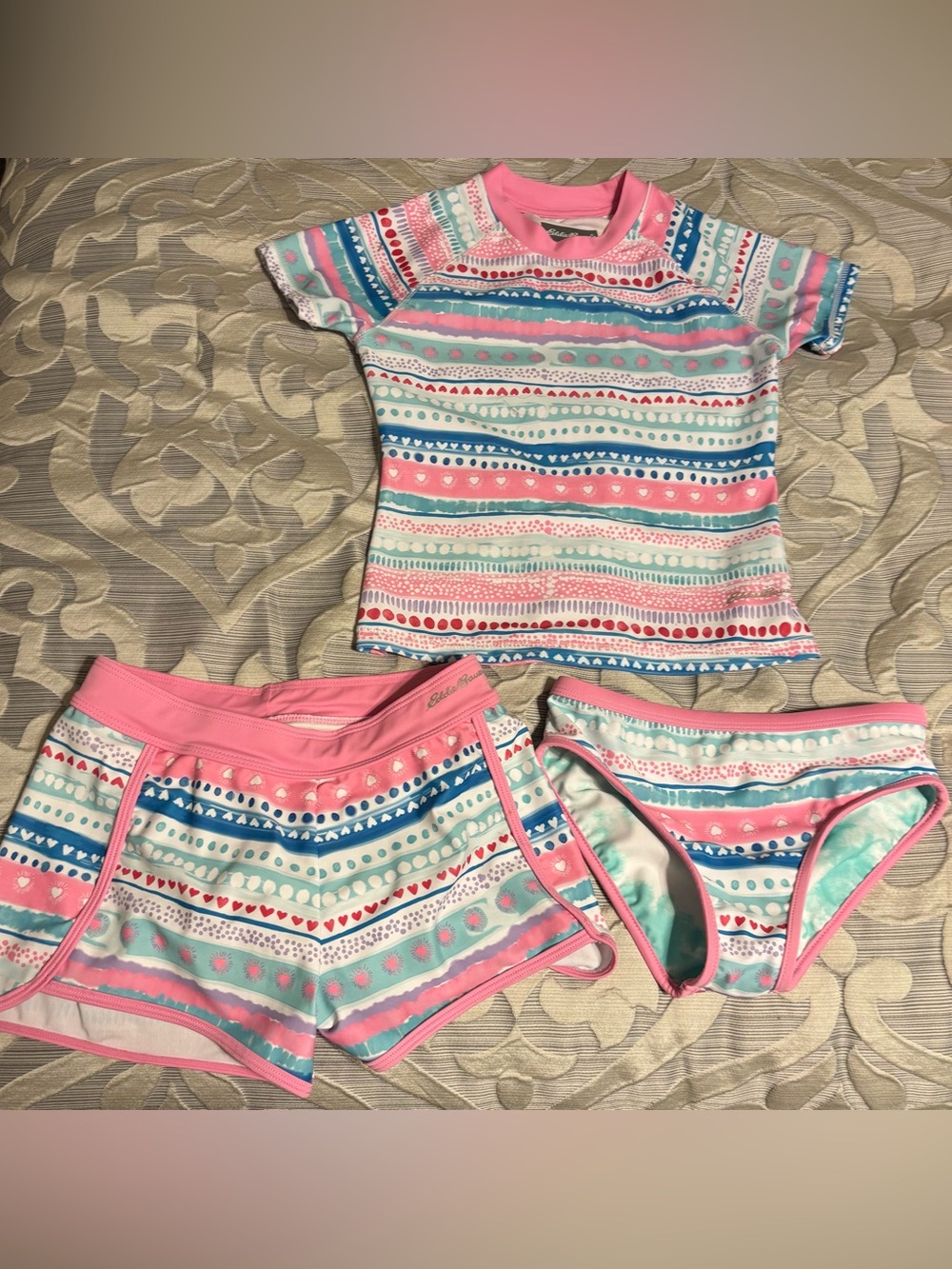 Eddie Bauer Girls Pink Multi-Stripe Rash Guard Swim Set - size 7/8